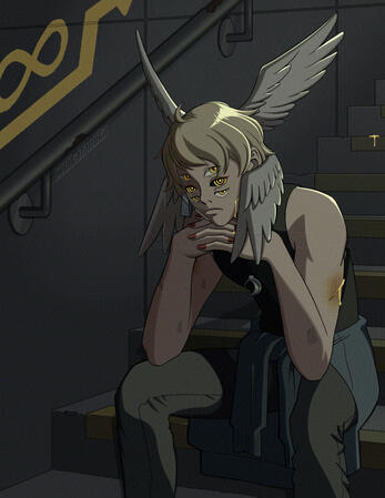 A young man with 6 eyes and 4 wings on his head sits in a dimly lit, metro stairway with infinite stairs. He is bruised, cut, scraped, and bleeds ichor.