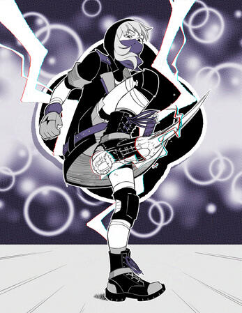 A punky young woman gives out an electric kick! There’s lightning and magic sparkles in the background.