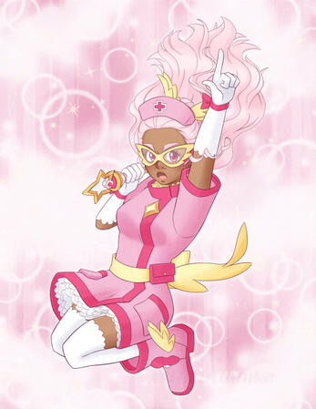 A pink and yellow magical girl with a star shaped dagger and winged accessories stylishly falls through a pink, sparkly void while pointing skyward.
