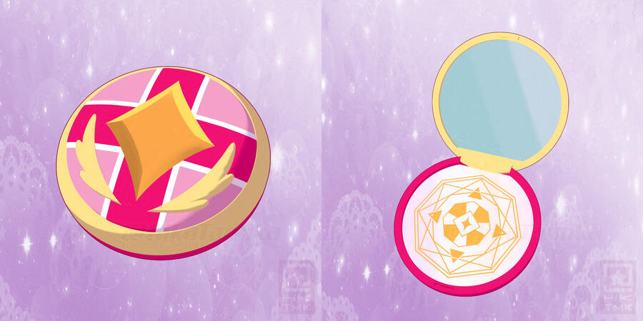 A 3d model of a pink compact mirror in the style of a magical girl item. It opens and closes.