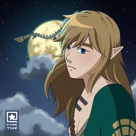 Link from The Legend of Zelda: Tears of the Kingdom standing in front of moonlit clouds. The Light Dragon can be seen in the distance.