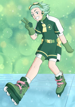 A green-clad magical hero does a heel-toe pose on roller-blades, doing a peace sign while looking at the camera.