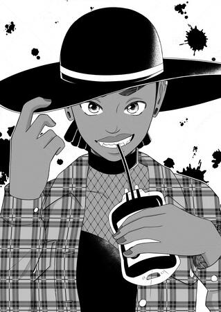 A character tips her wide-brimmed sun hat down while sipping out of a blood bag. She has fangs and a flannel shirt.
