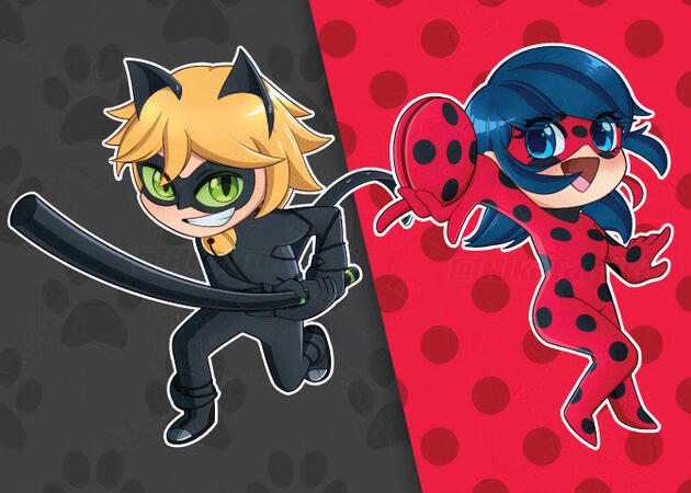 Chibi versions of Chat Noir and Ladybug wielding their weapons.