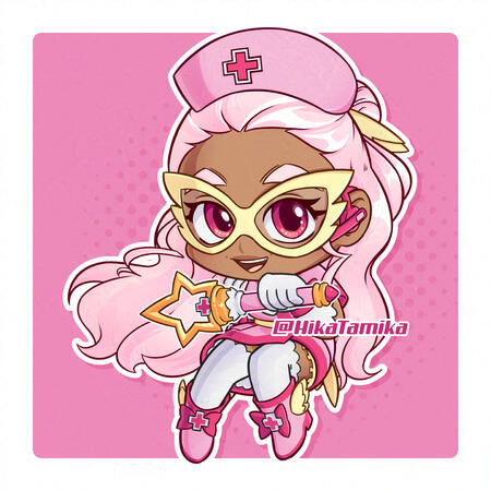 A chibi, pink, nurse-themed magical girl holding a star wand in front of a pink background.