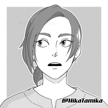 Digital ink drawing. A young person with long parted fringe and a short ponytail looks up and to the side.